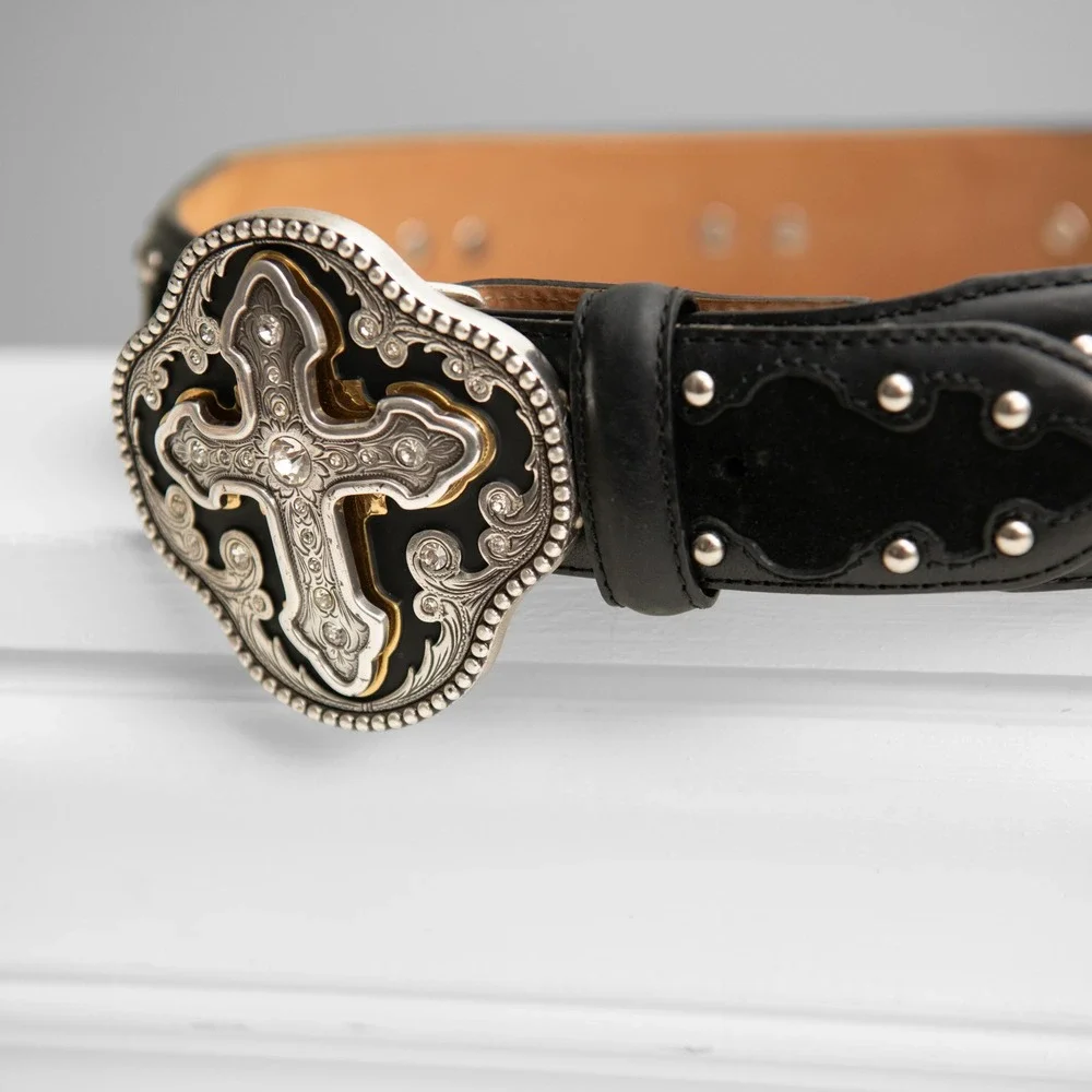 Justin Western Cross Studded Belt Rhinestone Buckle 32